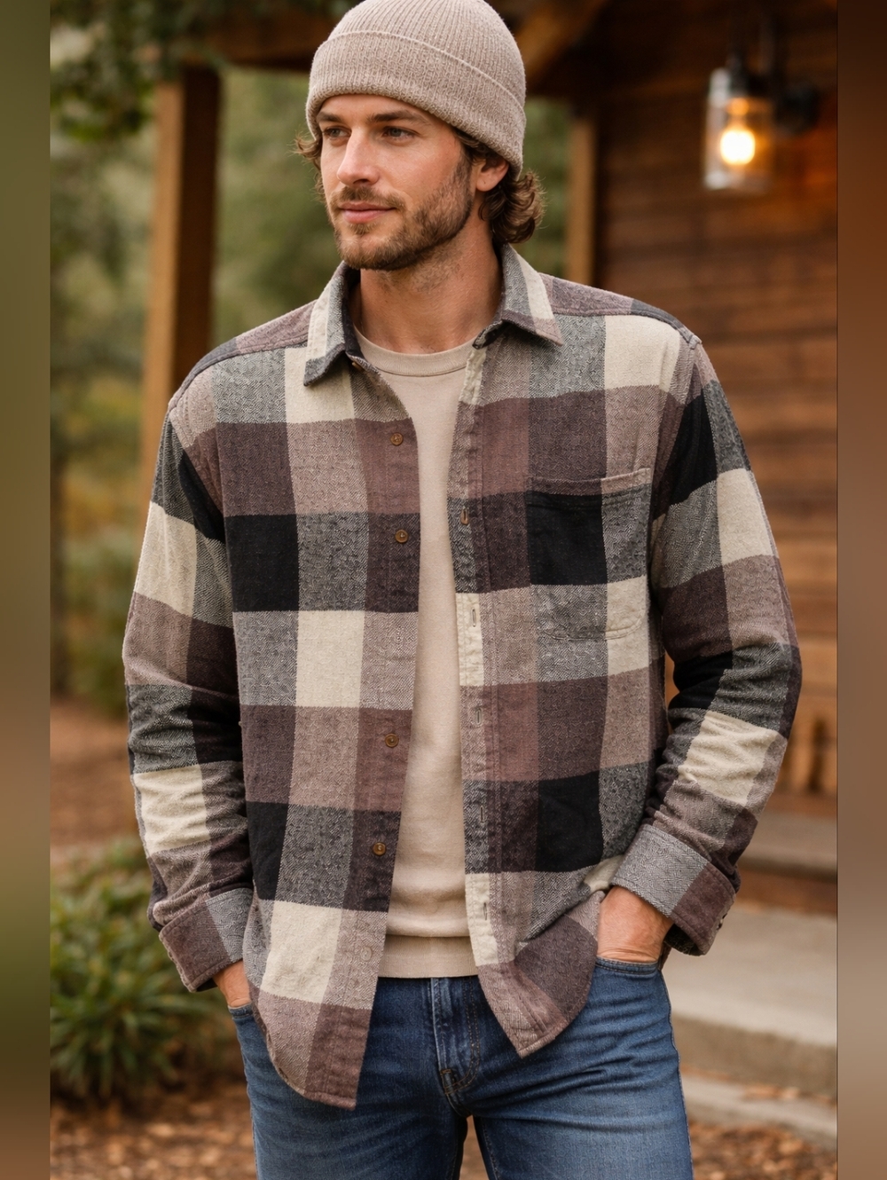 Bert Pulitzer Men’s Plaid Flannel Shirt Size M Brown Gray Button Front 100% Cott